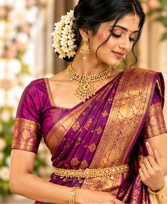 Woman in a magenta and gold silk saree, perfectly draped